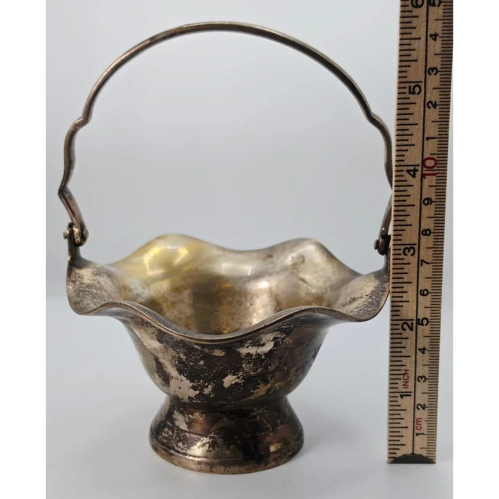 Vintage Silver Tone Metal Scalloped Basket Swing Handle Made in India Patina